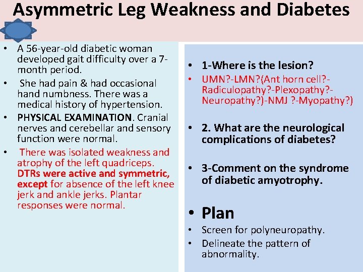 Asymmetric Leg Weakness and Diabetes • A 56 -year-old diabetic woman developed gait difficulty
