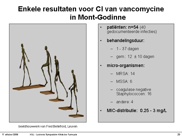 Enkele resultaten voor CI vancomycine in Mont-Godinne • patiënten: n=54 (40 • behandelingsduur: gedocumenteerde