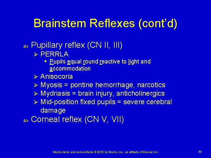 Brainstem Reflexes (cont’d) Pupillary reflex (CN II, III) Ø PERRLA • Pupils equal round