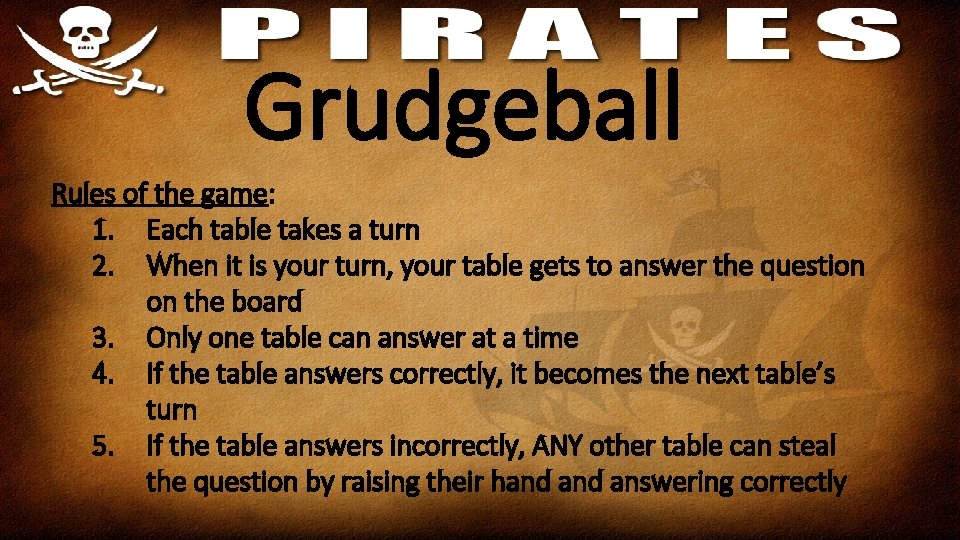Grudgeball Rules of the game: 1. Each table takes a turn 2. When it
