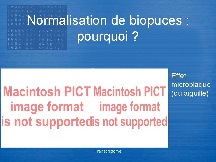 Normalisation de biopuces : pourquoi ? Effet microplaque (ou aiguille) Transcriptome 
