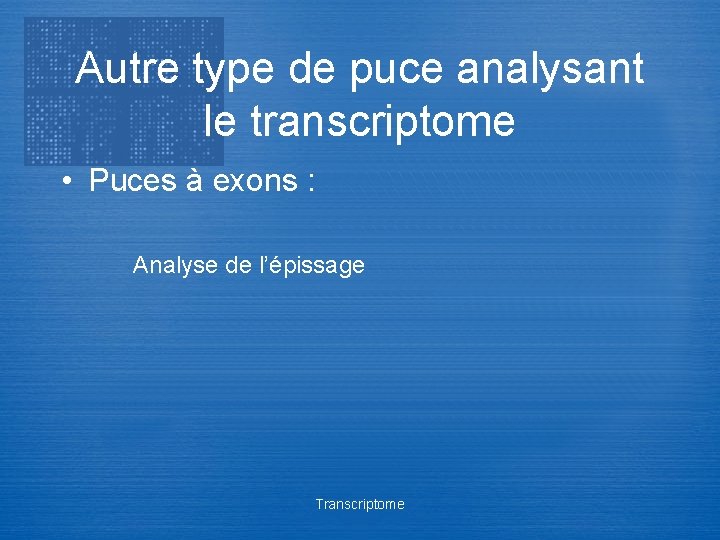 Autre type de puce analysant le transcriptome • Puces à exons : Analyse de
