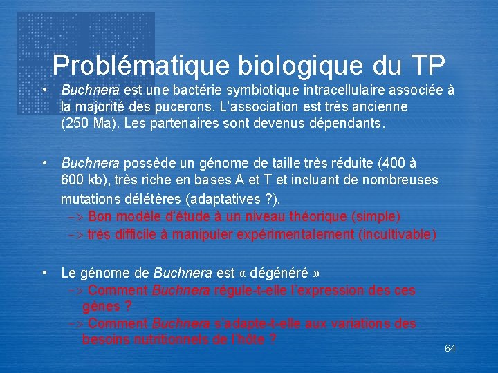 Problématique biologique du TP • Buchnera est une bactérie symbiotique intracellulaire associée à la