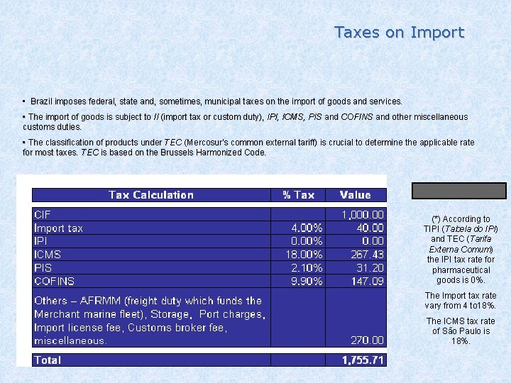 Taxes on Import • Brazil imposes federal, state and, sometimes, municipal taxes on the