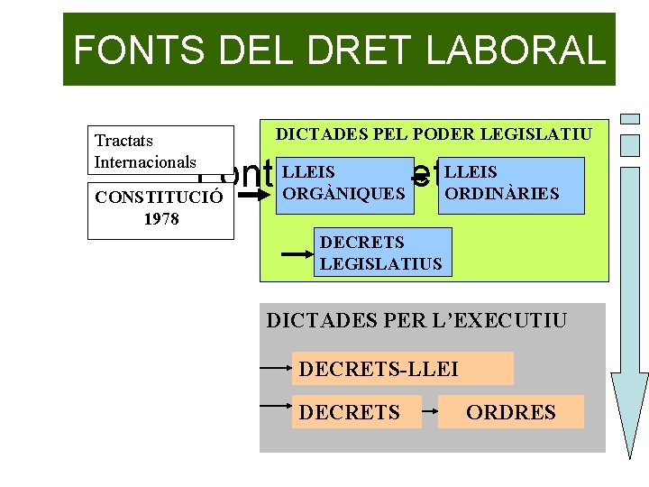 FONTS DEL DRET LABORAL Tractats Internacionals DICTADES PEL PODER LEGISLATIU LLEIS Fonts del Dret.