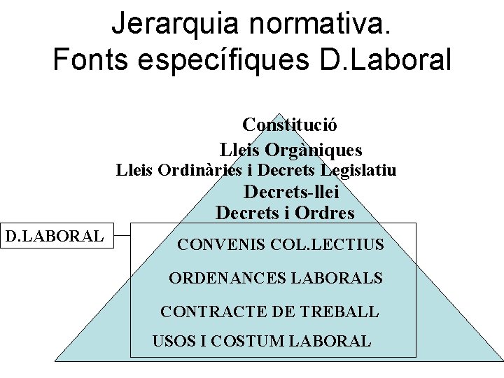 Jerarquia normativa. Fonts específiques D. Laboral Constitució Lleis Orgàniques Lleis Ordinàries i Decrets Legislatiu