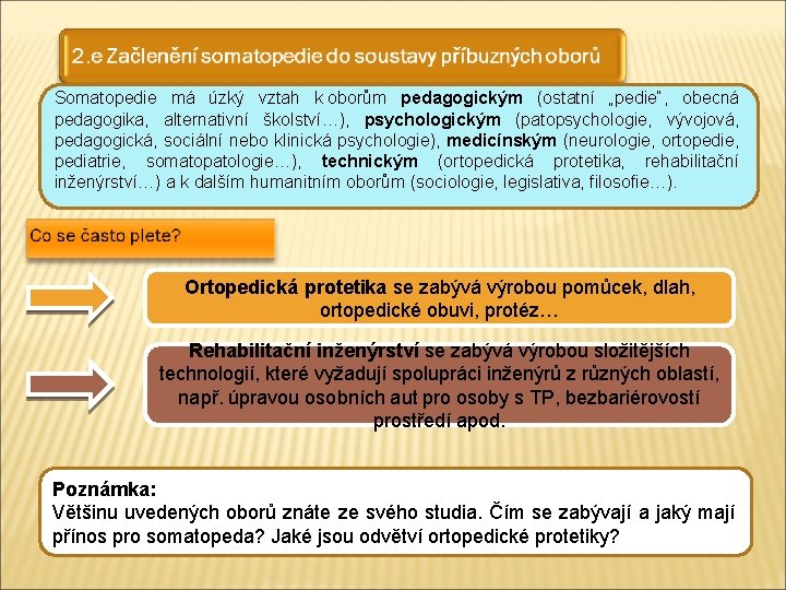 Somatopedie má úzký vztah k oborům pedagogickým (ostatní „pedie“, obecná pedagogika, alternativní školství…), psychologickým