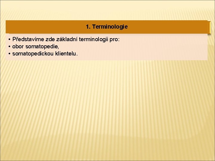 1. Terminologie • Představíme zde základní terminologii pro: • obor somatopedie, • somatopedickou klientelu.