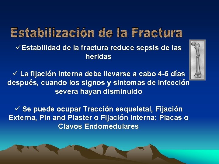 üEstabilidad de la fractura reduce sepsis de las heridas ü La fijación interna debe