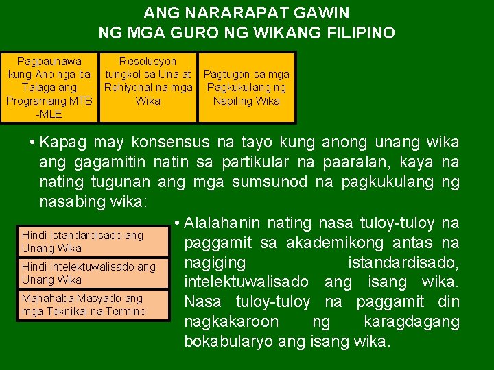 ANG NARARAPAT GAWIN NG MGA GURO NG WIKANG FILIPINO Pagpaunawa kung Ano nga ba ANG NARARAPAT GAWIN NG MGA GURO NG WIKANG FILIPINO Pagpaunawa kung Ano nga ba