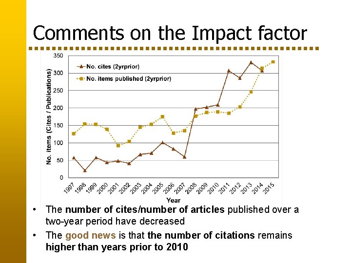 Comments on the Impact factor • The number of cites/number of articles published over