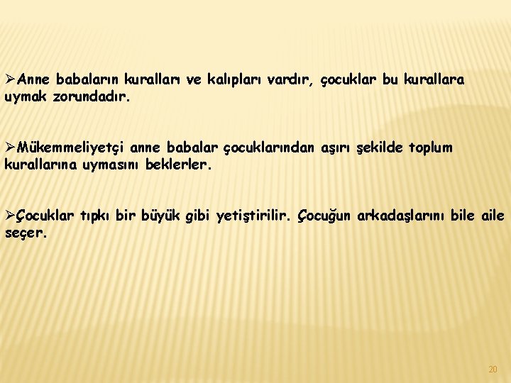 ØAnne babaların kuralları ve kalıpları vardır, çocuklar bu kurallara uymak zorundadır. ØMükemmeliyetçi anne babalar