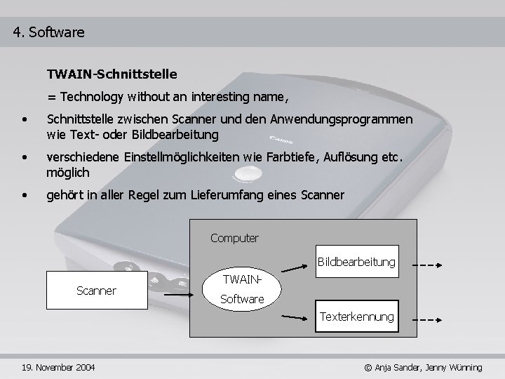 4. Software TWAIN-Schnittstelle = Technology without an interesting name, • Schnittstelle zwischen Scanner und