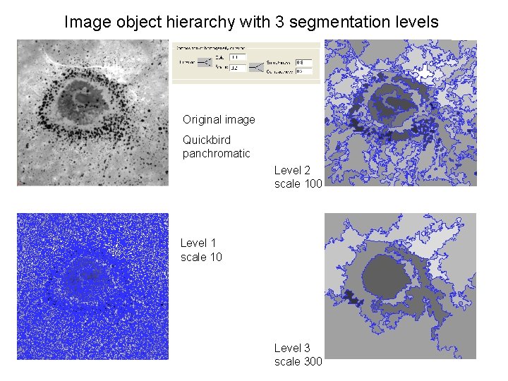 Image object hierarchy with 3 segmentation levels Original image Quickbird panchromatic Level 2 scale