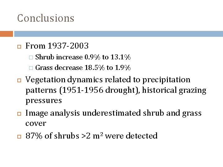 Conclusions From 1937 -2003 Shrub increase 0. 9% to 13. 1% � Grass decrease
