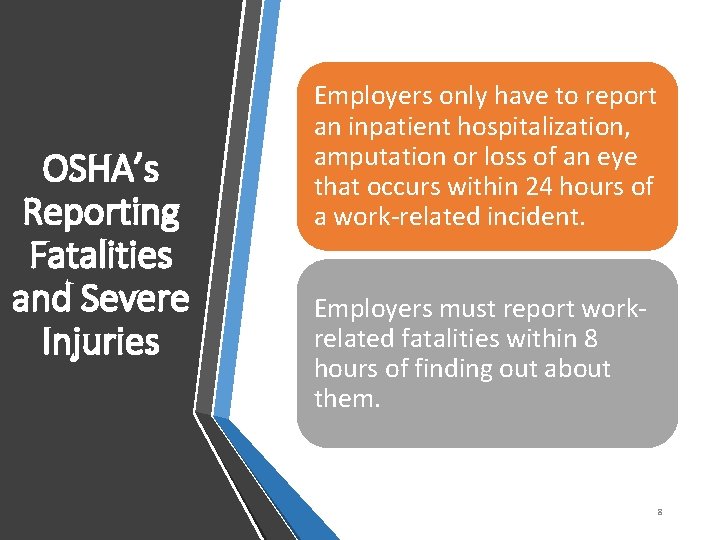 OSHA’s Reporting Fatalities and Severe Injuries Employers only have to report an inpatient hospitalization,