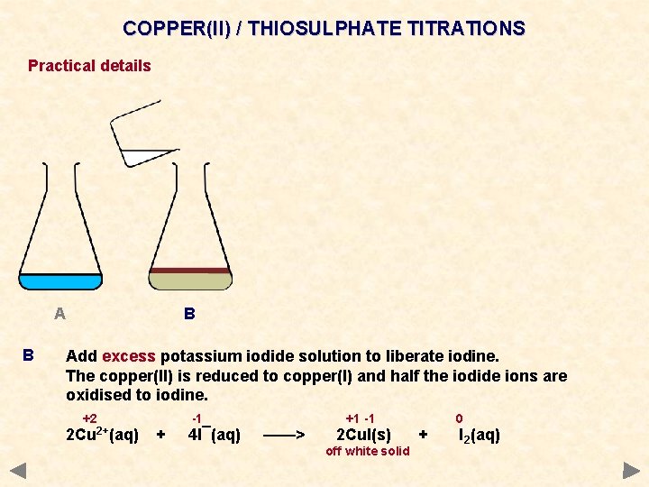 COPPER(II) / THIOSULPHATE TITRATIONS Practical details A B B Add excess potassium iodide solution
