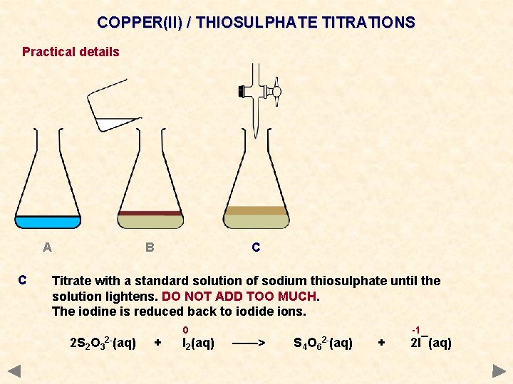 COPPER(II) / THIOSULPHATE TITRATIONS Practical details A C B C Titrate with a standard