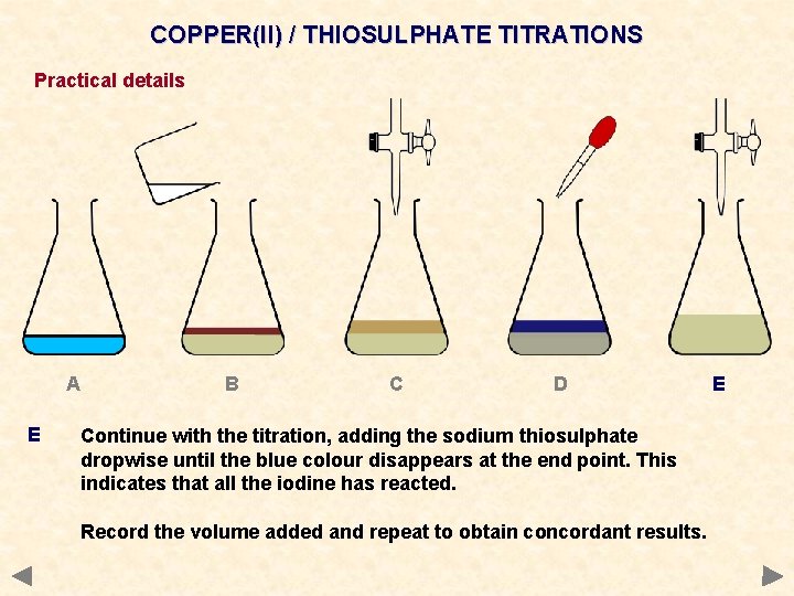 COPPER(II) / THIOSULPHATE TITRATIONS Practical details A E B C D Continue with the