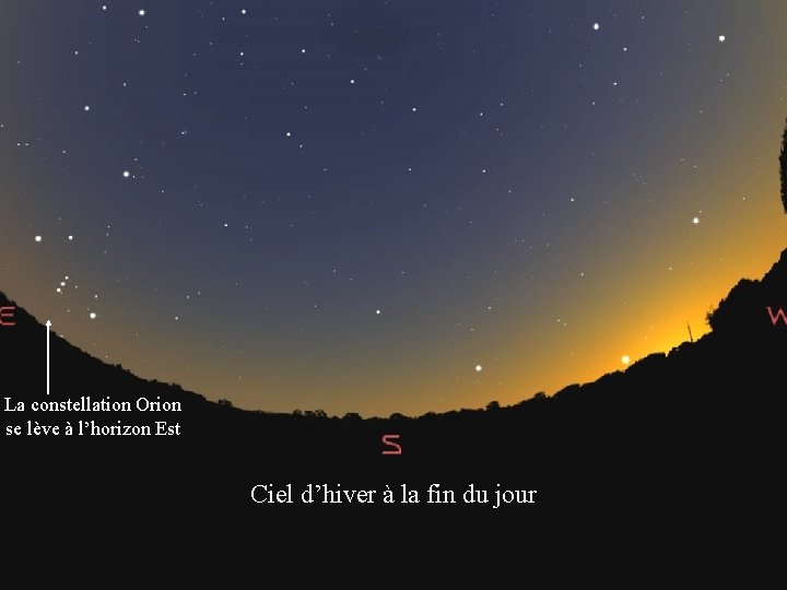 La constellation Orion se lève à l’horizon Est Ciel d’hiver à la fin du