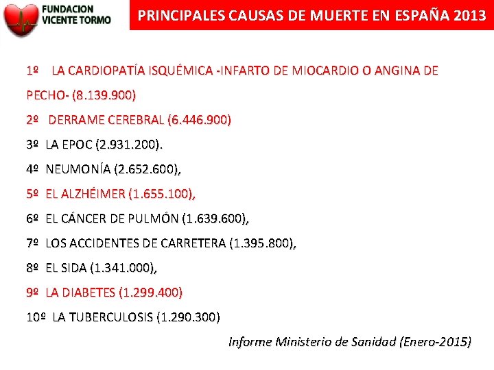PRINCIPALES CAUSAS DE MUERTE EN ESPAÑA 2013 1º LA CARDIOPATÍA ISQUÉMICA -INFARTO DE MIOCARDIO