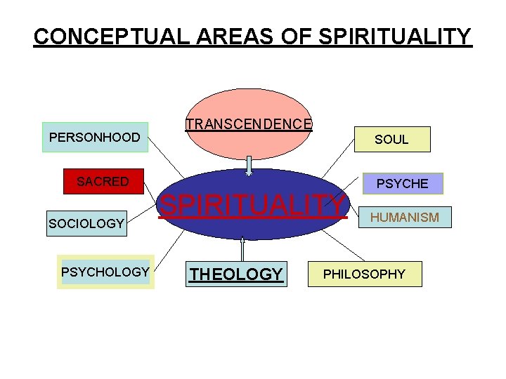 CONCEPTUAL AREAS OF SPIRITUALITY PERSONHOOD TRANSCENDENCE SOUL SACRED SOCIOLOGY PSYCHOLOGY SPIRITUALITY THEOLOGY PSYCHE HUMANISM