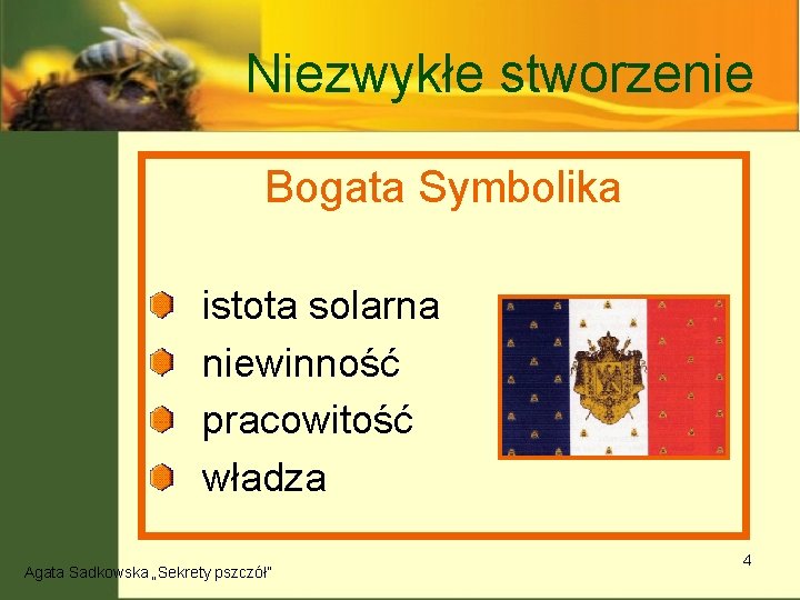 Niezwykłe stworzenie Bogata Symbolika istota solarna niewinność pracowitość władza Agata Sadkowska „Sekrety pszczół” 4