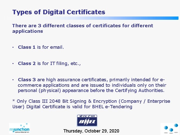 Types of Digital Certificates There are 3 different classes of certificates for different applications