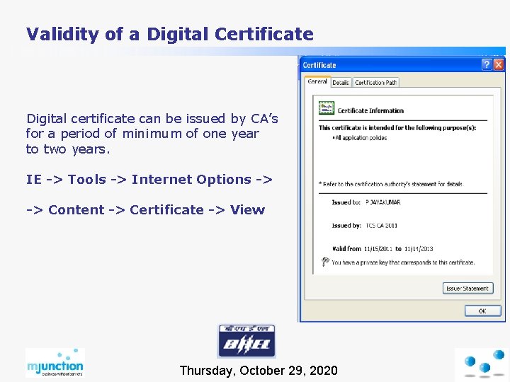 Validity of a Digital Certificate Digital certificate can be issued by CA’s for a