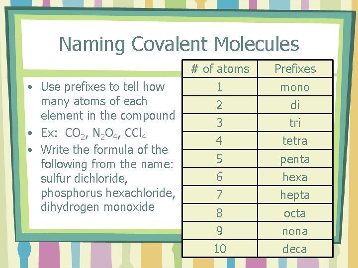 Naming Covalent Molecules • Use prefixes to tell how many atoms of each element