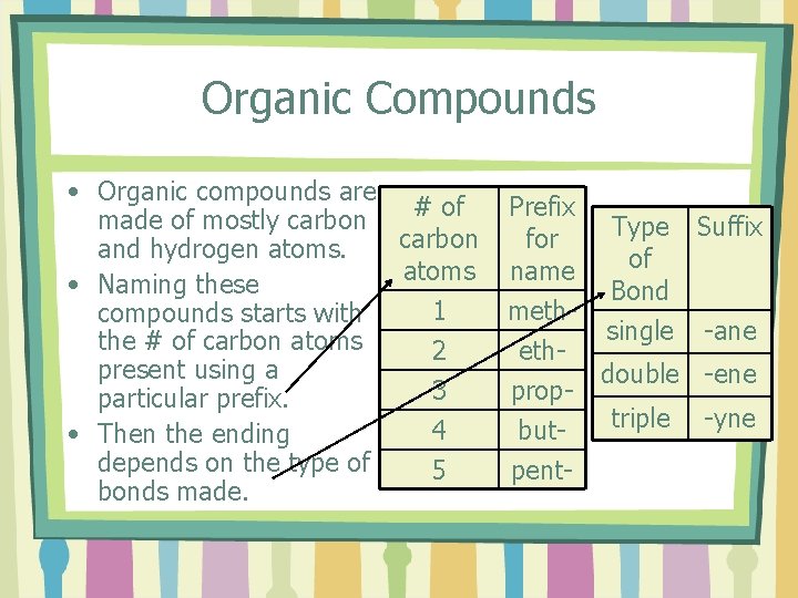 Organic Compounds • Organic compounds are # of made of mostly carbon and hydrogen