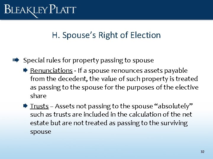 H. Spouse’s Right of Election Special rules for property passing to spouse Renunciations -