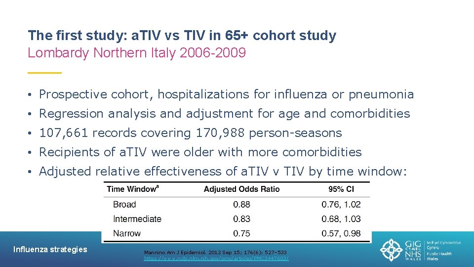 The first study: a. TIV vs TIV in 65+ cohort study Lombardy Northern Italy