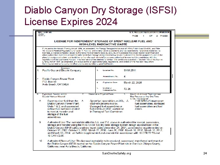 Diablo Canyon Dry Storage (ISFSI) License Expires 2024 San. Onofre. Safety. org 24 