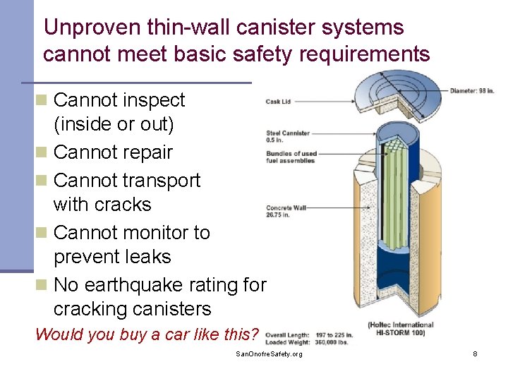 Unproven thin-wall canister systems cannot meet basic safety requirements n Cannot inspect (inside or