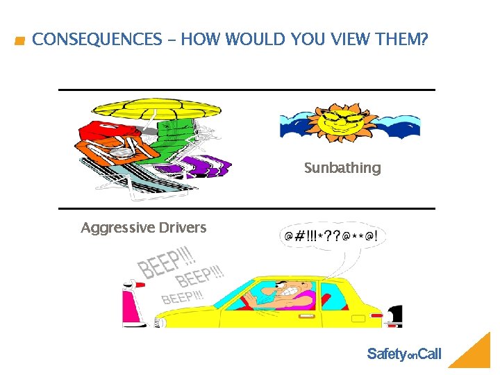 CONSEQUENCES – HOW WOULD YOU VIEW THEM? Sunbathing Aggressive Drivers Safetyon. Call 