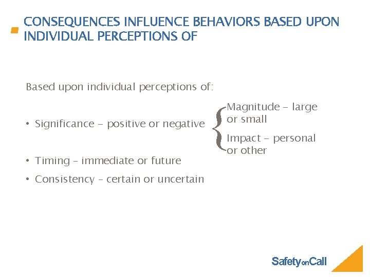 CONSEQUENCES INFLUENCE BEHAVIORS BASED UPON INDIVIDUAL PERCEPTIONS OF Based upon individual perceptions of: •