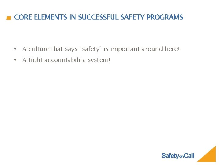 CORE ELEMENTS IN SUCCESSFUL SAFETY PROGRAMS • A culture that says “safety” is important