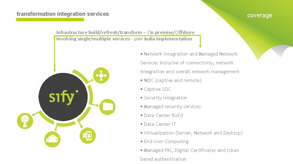 transformation integration services coverage Infrastructure build/refresh/transform – On premise/Offshore Involving single/multiple services - pan