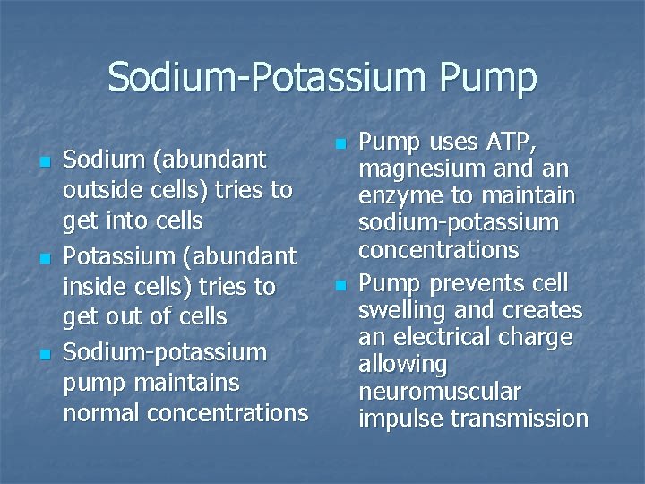 Sodium-Potassium Pump n n n Sodium (abundant outside cells) tries to get into cells
