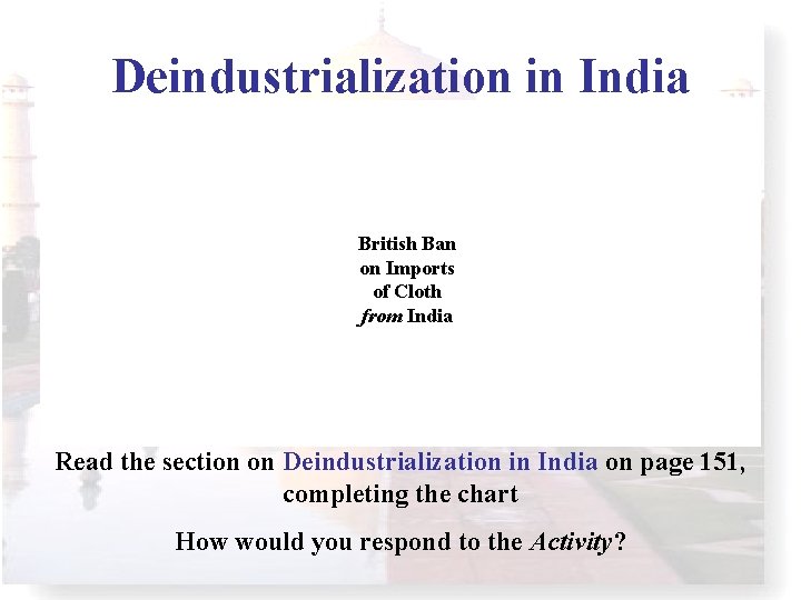Deindustrialization in India British Ban on Imports of Cloth from India Read the section