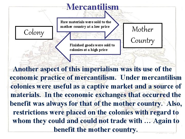 Mercantilism Colony Raw materials were sold to the mother country at a low price