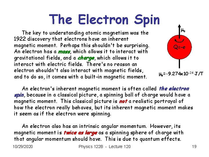 The Electron Spin The key to understanding atomic magnetism was the 1922 discovery that