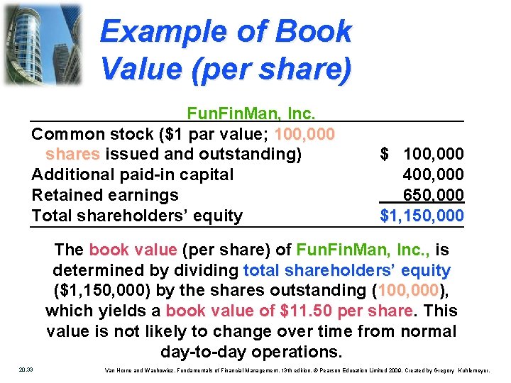 Example of Book Value (per share) Fun. Fin. Man, Inc. Common stock ($1 par