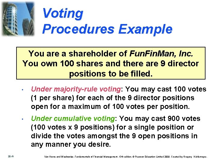Voting Procedures Example You are a shareholder of Fun. Fin. Man, Inc. You own