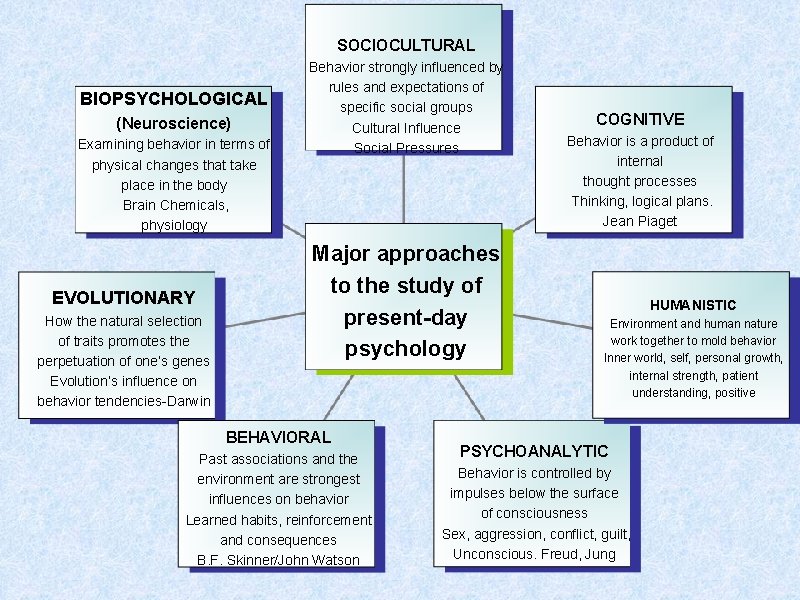 SOCIOCULTURAL BIOPSYCHOLOGICAL (Neuroscience) Examining behavior in terms of physical changes that take place in