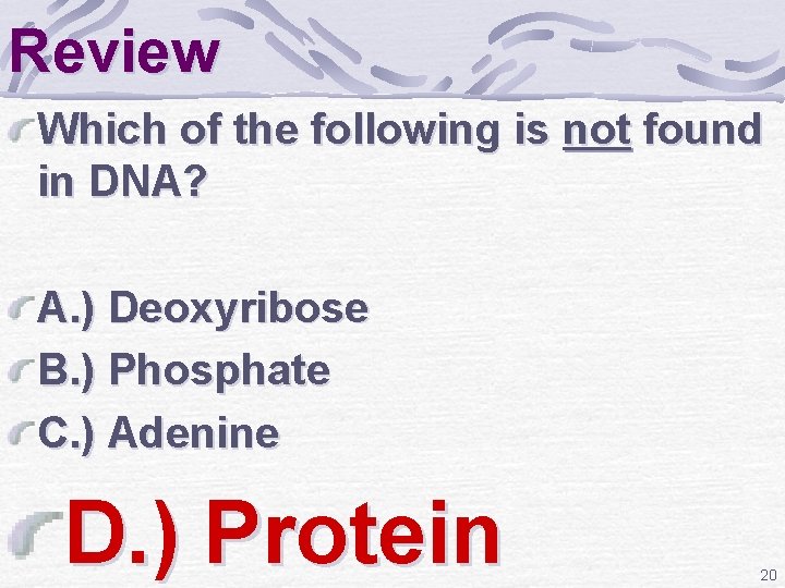 Review Which of the following is not found in DNA? A. ) Deoxyribose B.