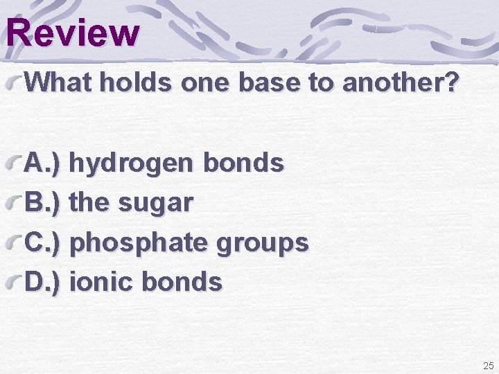 Review What holds one base to another? A. ) hydrogen bonds B. ) the