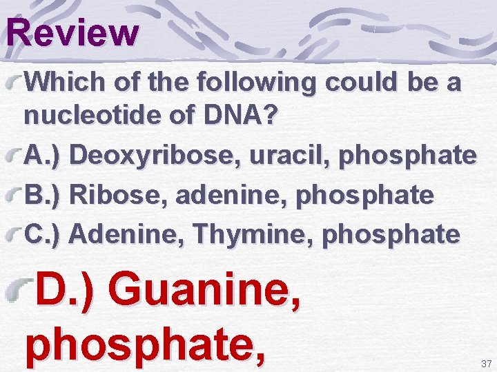 Review Which of the following could be a nucleotide of DNA? A. ) Deoxyribose,