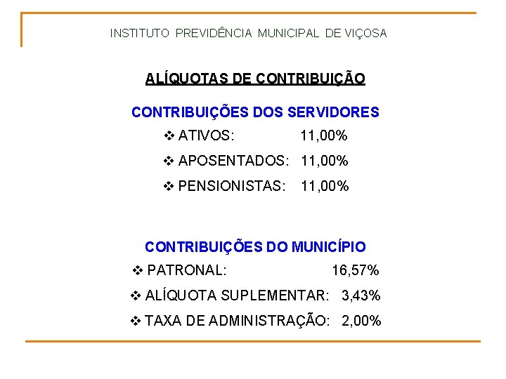 INSTITUTO PREVIDÊNCIA MUNICIPAL DE VIÇOSA ALÍQUOTAS DE CONTRIBUIÇÃO CONTRIBUIÇÕES DOS SERVIDORES v ATIVOS: 11,